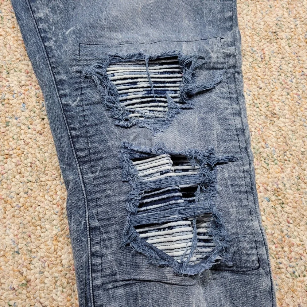 True Religion Rocco Jeans Mens 40 Blue Distressed Marbled Relaxed Skinny Fit